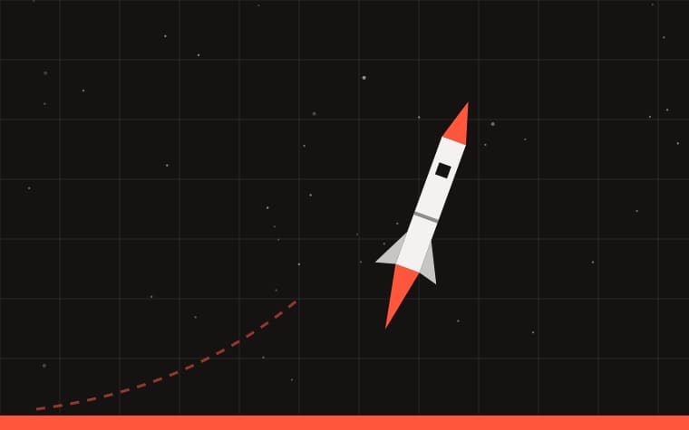 Illustration of a rocket climbing away from a dashed trajectory against a starfield